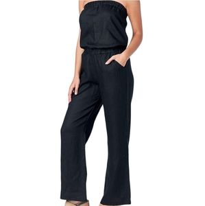 Mariyaab Women's Strapless Full Length Casual Wide Leg 100% Linen Jumpsuit